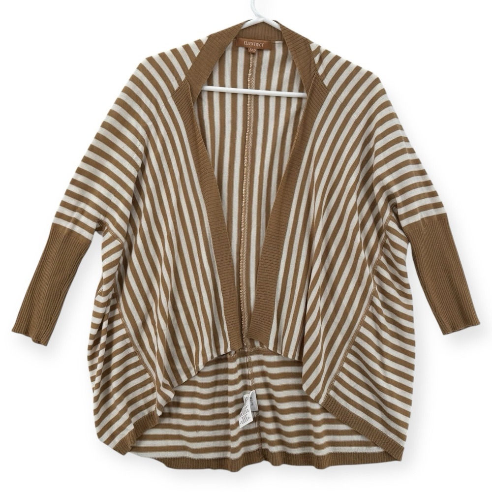 Ellen Tracy Open Cardigan Womens XS/S Brown‎ Striped Knit Stretch Wool Blend